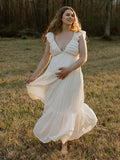 Solid Color Ruffle Backless High Waist V-Neck Vacation Gown Photoshoot Maternity Maxi Dress Maternity
