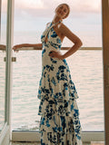 Blue Floral Cake Ruffle Tie Flowy Halter Neck Elegant Vacation Photoshoot Baby Shower Maternity Maxi Dress Maternity