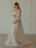 Off Shoulder Tulle Polka Dot Elegant Photoshoot Baby Shower Maternity Maxi Dress Maternity