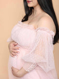 Off Shoulder Tulle Polka Dot Elegant Photoshoot Baby Shower Maternity Maxi Dress Maternity