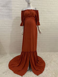 Off Shoulder Buttons Front Slit Open Train Elegant Photoshoot Maternity Maxi Dress Maternity