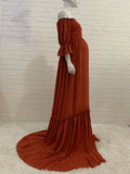 Off Shoulder Buttons Front Slit Open Train Elegant Photoshoot Maternity Maxi Dress Maternity