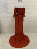 Off Shoulder Buttons Front Slit Open Train Elegant Photoshoot Maternity Maxi Dress Maternity