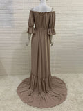 Off Shoulder Buttons Front Slit Open Train Elegant Photoshoot Maternity Maxi Dress Maternity