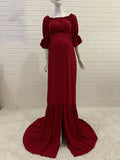 Off Shoulder Buttons Front Slit Open Train Elegant Photoshoot Maternity Maxi Dress Maternity