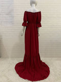 Off Shoulder Buttons Front Slit Open Train Elegant Photoshoot Maternity Maxi Dress Maternity