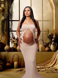 Apricot Crop Bandeau Chest Lace-up 2-in-1 Bodycon Mermaid Elegant Photoshoot Maternity Maxi Dress Maternity