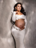 White 3D Flowers Cut Out Bodycon Elegant Photoshoot Baby Shower Maternity Maxi Dress Maternity