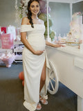 White Off Shoulder Ruched Ruffle Falbala Side Slit Bodycon Elegant Cocktail Evening Gown Gown Maternity Photoshoot Baby Shower Maxi Dress Maternity