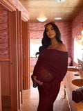 Burgundy Knitted Off Shoulder Flare Sleeve Bodycon Elegant Baby Moon Beach Cover Up Maternity Photoshoot Baby Shower Maxi Dress Maternity
