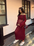 Burgundy Knitted Off Shoulder Flare Sleeve Bodycon Elegant Baby Moon Beach Cover Up Maternity Photoshoot Baby Shower Maxi Dress Maternity