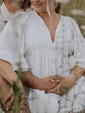 White Front Tie Up Deep V-neck Lantern Sleeve Loose Sundress Elegant Vacation Baby Moon Flowy Boho Maternity Photoshoot Baby Shower Maxi Dress Maternity