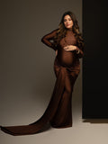Solid Color Belt Splicing Ruched Draped Bodycon Mermaid Long Sleeve Going Out Photoshoot Maternity Maxi Dress Maternity