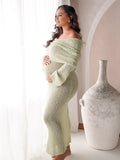 Green Knit Off Shoulder Flare Sleeve Bodycon Elegant Going Out Maternity Photoshoot Maxi Sweater Dress Maternity
