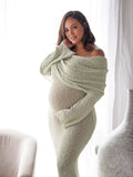 Green Knit Off Shoulder Flare Sleeve Bodycon Elegant Going Out Maternity Photoshoot Maxi Sweater Dress Maternity