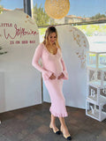 Pink Knit Falbala Ruffle Hem Single Breasted Flare Sleeve Bodycon Elegant Hoing Out Maternity Babyshower Maxi Sweater Dress Maternity