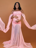 Flowy Off Shoulder Tulle Beading Pearls Rhinestone Bodice Mermaid Elegant Cocktail Evening Gown Luxury Sheer Maternity Baby Shower Maxi Dress Maternity