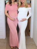White Off Shoulder Halter Neck Bodycon Elegant Cocktail Maternity Baby Shower Maxi Dress Maternity