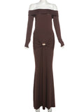 Off Shoulder Draped Ruched Metal Buckle Bodycon Elegant Maternity Photoshoot Maxi Dress Maternity