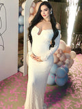 Cream White Off Shoulder Textured U-Wire Bodycon Elegant Maternity Baby Shower Maxi Dress Maternity