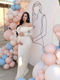 Cream White Off Shoulder Textured U-Wire Bodycon Elegant Maternity Baby Shower Maxi Dress Maternity