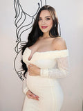 Cream White Off Shoulder Textured U-Wire Bodycon Elegant Maternity Baby Shower Maxi Dress Maternity