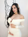 Cream White Off Shoulder Textured U-Wire Bodycon Elegant Maternity Baby Shower Maxi Dress Maternity