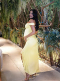 Off Shoulder Ruched Ruffle Falbala Side Slit Elegant Cocktail Gown Maternity Baby Shower Maxi Dress Maternity