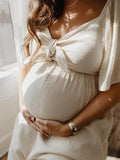 Bow Flutter Sleeve Solid V-neck Flowy Vacation Beach Cute Baby Shower Photoshoot Maternity Maxi Dress Maternity
