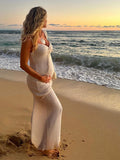 Smocked Bow Tie Side Slit Elegant Bodycon Vacation Beach Photoshoot Cute Baby Shower Maternity Maxi Dress Maternity