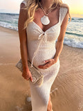 Smocked Bow Tie Side Slit Elegant Bodycon Vacation Beach Photoshoot Cute Baby Shower Maternity Maxi Dress Maternity