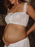 White 2-in-1 Lace Cut Out Off Shoulder Tie Elegant Flowy Vacation Photoshoot Maternity Maxi Dress Maternity