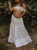 White 2-in-1 Lace Cut Out Off Shoulder Tie Elegant Flowy Vacation Photoshoot Maternity Maxi Dress Maternity