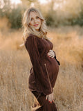 Brown Pleated Ruffle Belted Elegant Photoshoot Baby Shower Maternity Maxi Dress Maternity