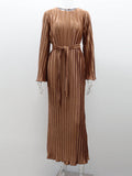 Brown Pleated Ruffle Belted Elegant Photoshoot Baby Shower Maternity Maxi Dress Maternity