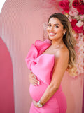 Rose Carmine Ruffle Bow Falbala One Shoulder Bodycon Plus Size Elegant Maternity Photoshoot Baby Shower Mini Dress Maternity