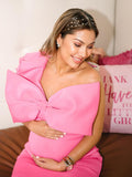 Rose Carmine Ruffle Bow Falbala One Shoulder Bodycon Plus Size Elegant Maternity Photoshoot Baby Shower Mini Dress Maternity