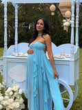 Blue Bandeau Strapless Ruffle Falbala Draped Big Swing Elegant Maternity Baby Shower Maxi Dress Maternity