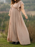 Khaki Bohemian Drawstring Single Breasted Maternity Photoshoot Baby Shower Maxi Dress Maternity