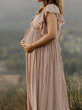 Khaki Bohemian Drawstring Single Breasted Maternity Photoshoot Baby Shower Maxi Dress Maternity