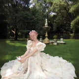 2025 New Fugitive Princess French Retro Niche Design Chopped Flowers Tailed Collar Bubble Sleeve Dress