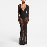 Women's Deep V Lace Splicing Line Bottom Sexy Long Dress DJPT