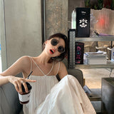 Desire Blue Folded Seaside Vacation Sling Dress Women Summer Sanya Tour Wearing Pictures Beach Long Skirts