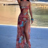 Summer New Women's Color Fashion Hanging Neck Sexy Perspective Back Repair Body Hip Dress Dress Woman HZ0628