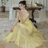 New Niche Design High-End Tea Break French Seaside Holiday Yellow Hanging Neck Dress