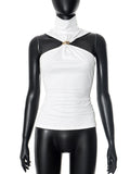 Women's Solid Color Hanging Neck Sleeveless Metal Ring High-Neck Short-Sleeved Vest DJPT