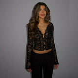 Autumn 2025 New Women's Dresses Sexy Vicaric V-Necked Lace Long Sleeve Blouse DJPT