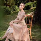 2025 Embroidery Three-Dimensional Flower Nail Bead Splicing Mesh Dress With Chest And Fake Two Midskirts