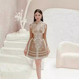2025 Lace Water-Soluble Flower Hollow Dress Long Sleeve Brown Short Skirt