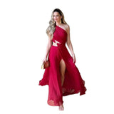 Famous Style Sexy Metal Buckle Buckle Waist Ball Dress 2025 New Single-Sleeve Dress Women's Summer